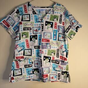 SB Scrubs Snow Women Top Size Medium Winter Christmas Polar Bear White W/ Colors